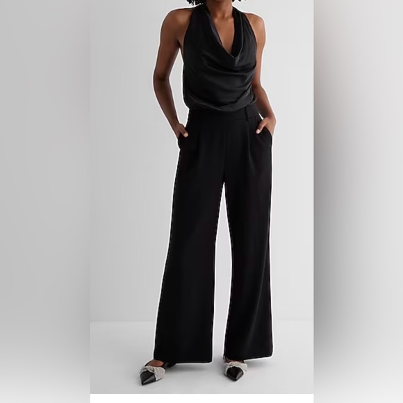Satin Tie Halter Cowl Neck Wide Leg Jumpsuit - Picture 5 of 11